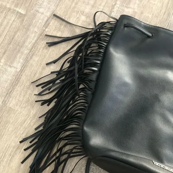 Victoria's Secret Drawstring Fringe Backpack Bag Large Black‎ Purse READ - Picture 3 of 12